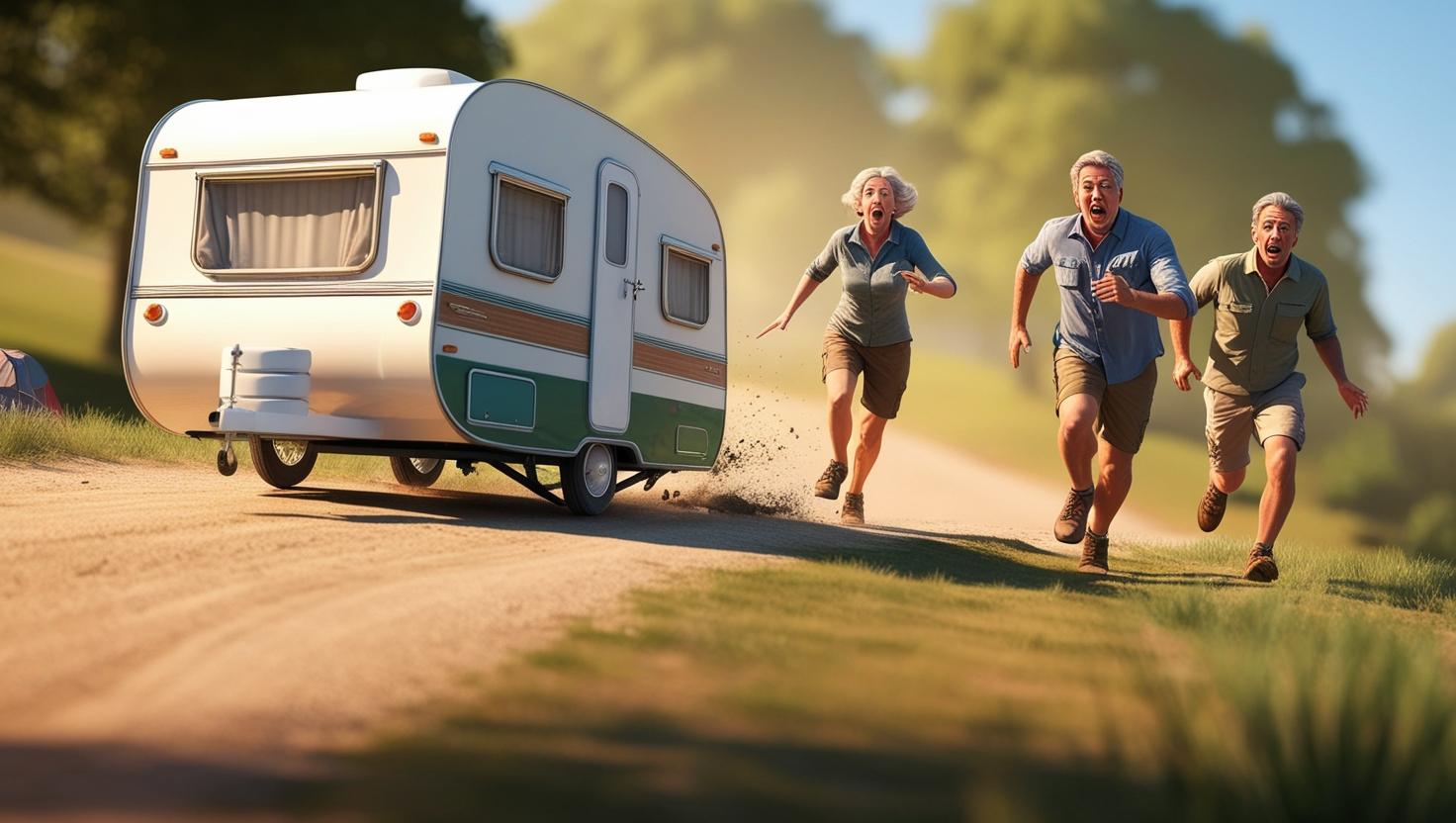 karavan v kempu Decín - spatne zabrzdeny